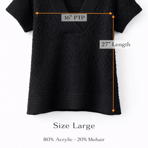 Orsay Black Knit Sweater Top Large V-Neck Short Sleeve Textured Soft Cozy - Picture 3 of 9